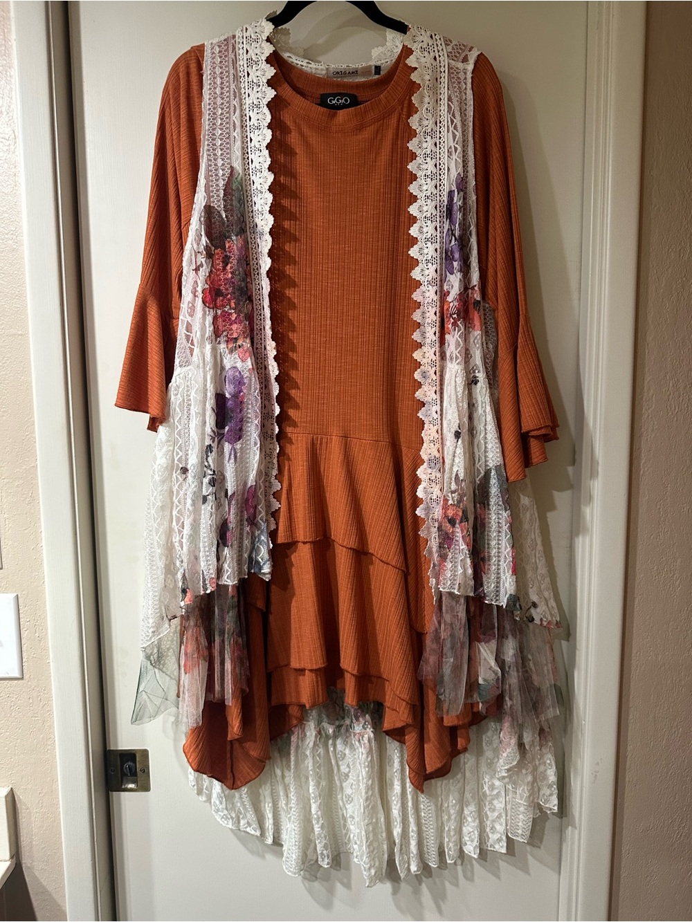 Gigio Rust Orange Layered Tunic with Origami Lace Floral Overlay